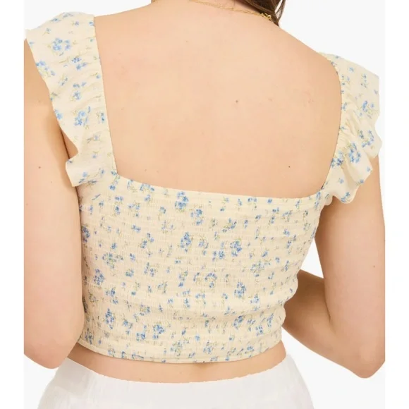 Blu Pepper Floral Ruffle Crop Top - Cream and Blue - Picture 2 of 5
